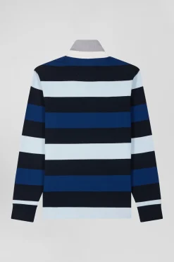 Regular navy striped long-sleeved cotton rugby shirt