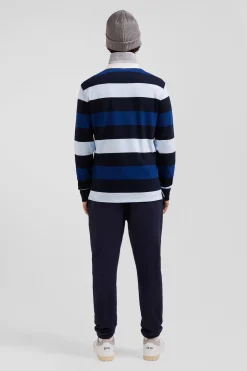 Regular navy striped long-sleeved cotton rugby shirt