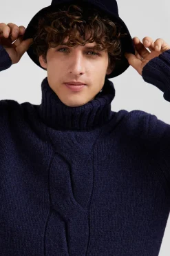 Regular navy virgin wool and recycled polyamide turtleneck jumper with 3D knitting