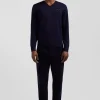 Regular navy wool and cotton V-neck jumper with striped details