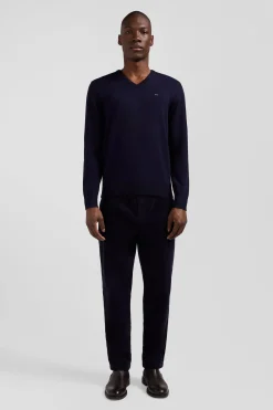 Regular navy wool and cotton V-neck jumper with striped details
