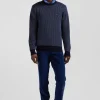Regular navy wool and cotton crew neck jumper