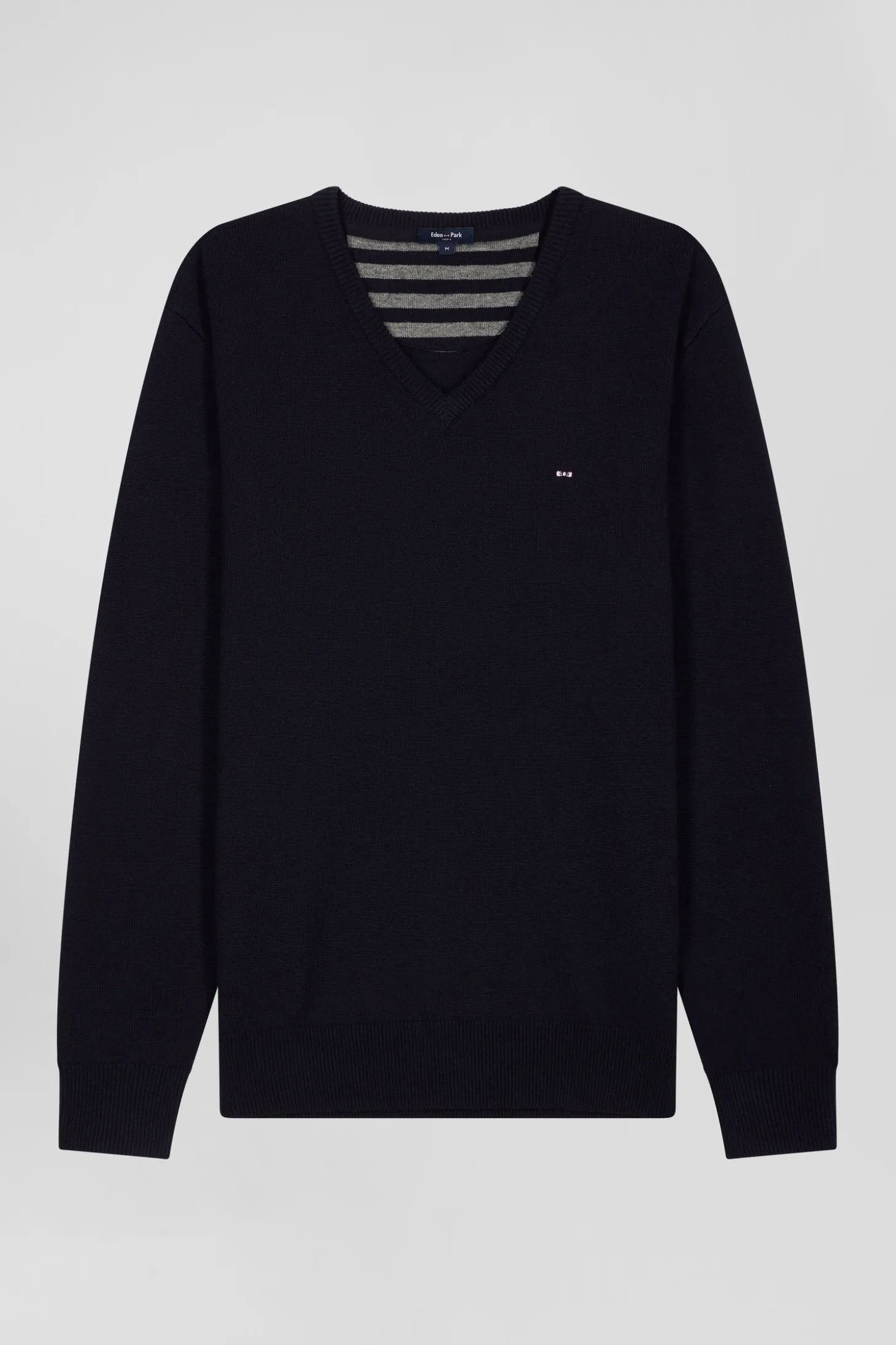 Regular navy wool and cotton V-neck jumper with striped details