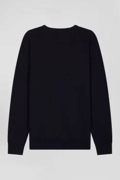 Regular navy wool and cotton V-neck jumper with striped details