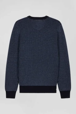 Regular navy wool and cotton crew neck jumper