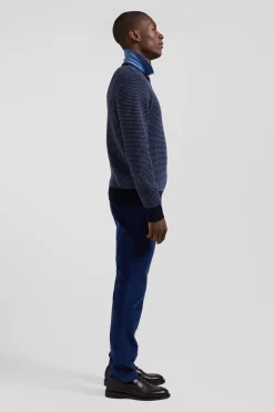 Regular navy wool and cotton crew neck jumper