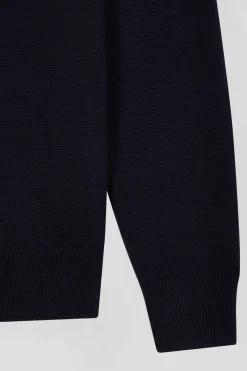 Regular navy wool and cotton V-neck jumper with striped details