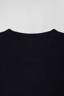 Regular navy wool and cotton V-neck jumper with striped details
