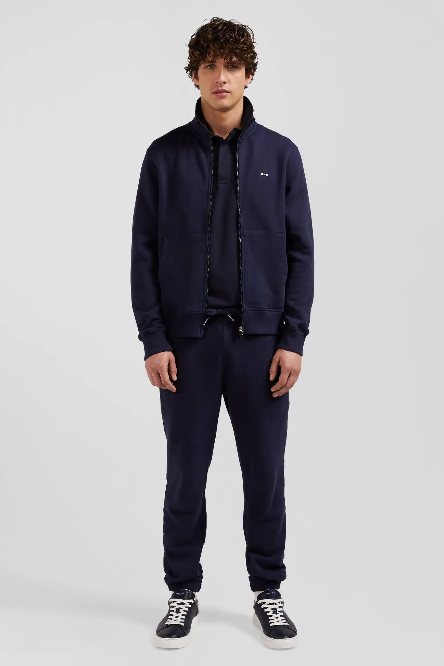 Regular navy zipped brushed cotton fleece with high top collar