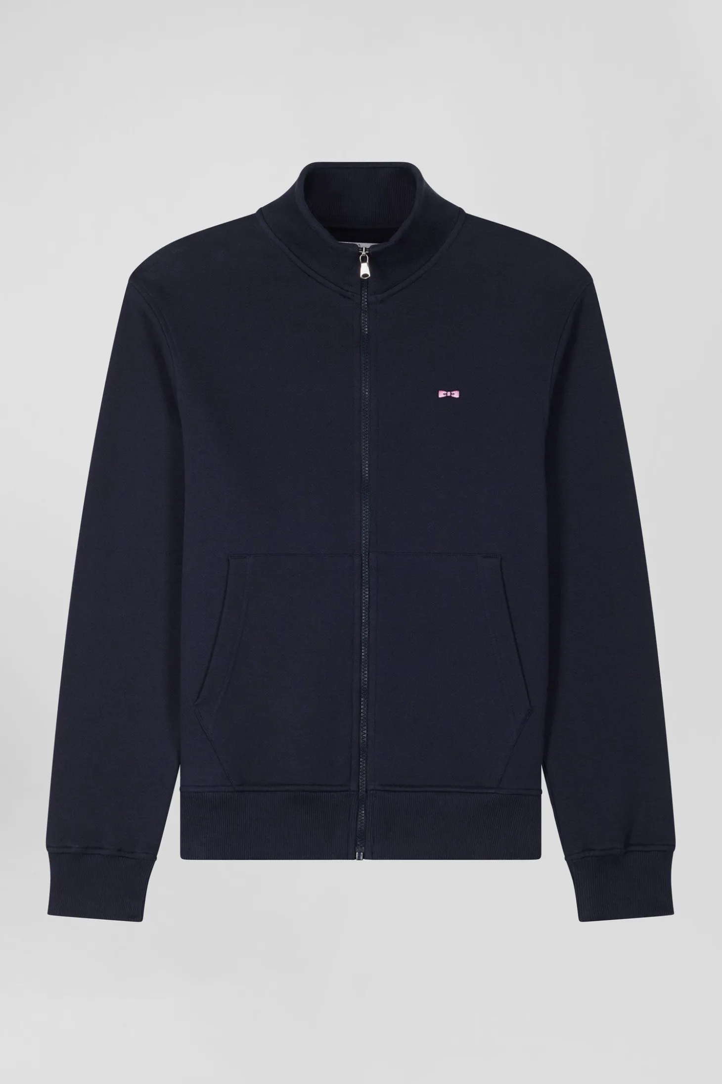 Regular navy zipped brushed cotton fleece with high top collar