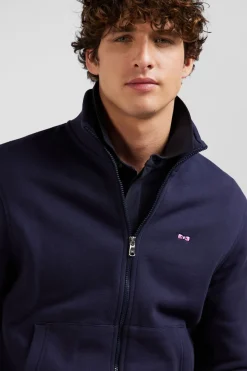 Regular navy zipped brushed cotton fleece with high top collar