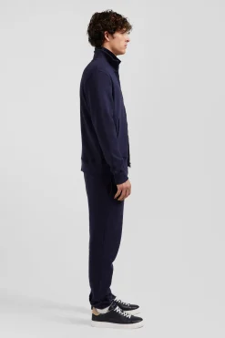 Regular navy zipped brushed cotton fleece with high top collar