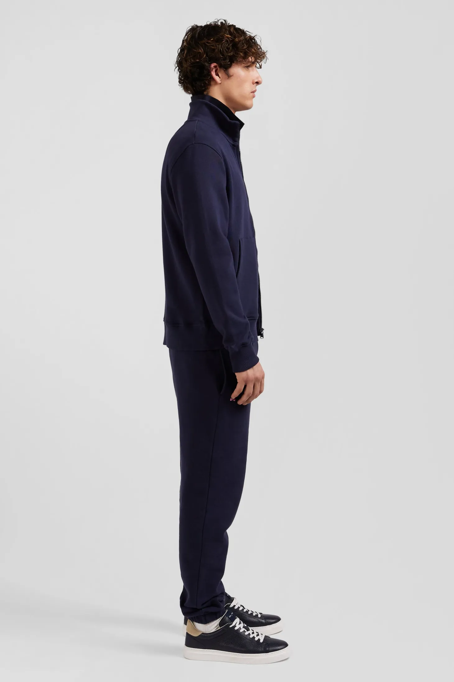 Regular navy zipped brushed cotton fleece with high top collar