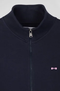 Regular navy zipped brushed cotton fleece with high top collar