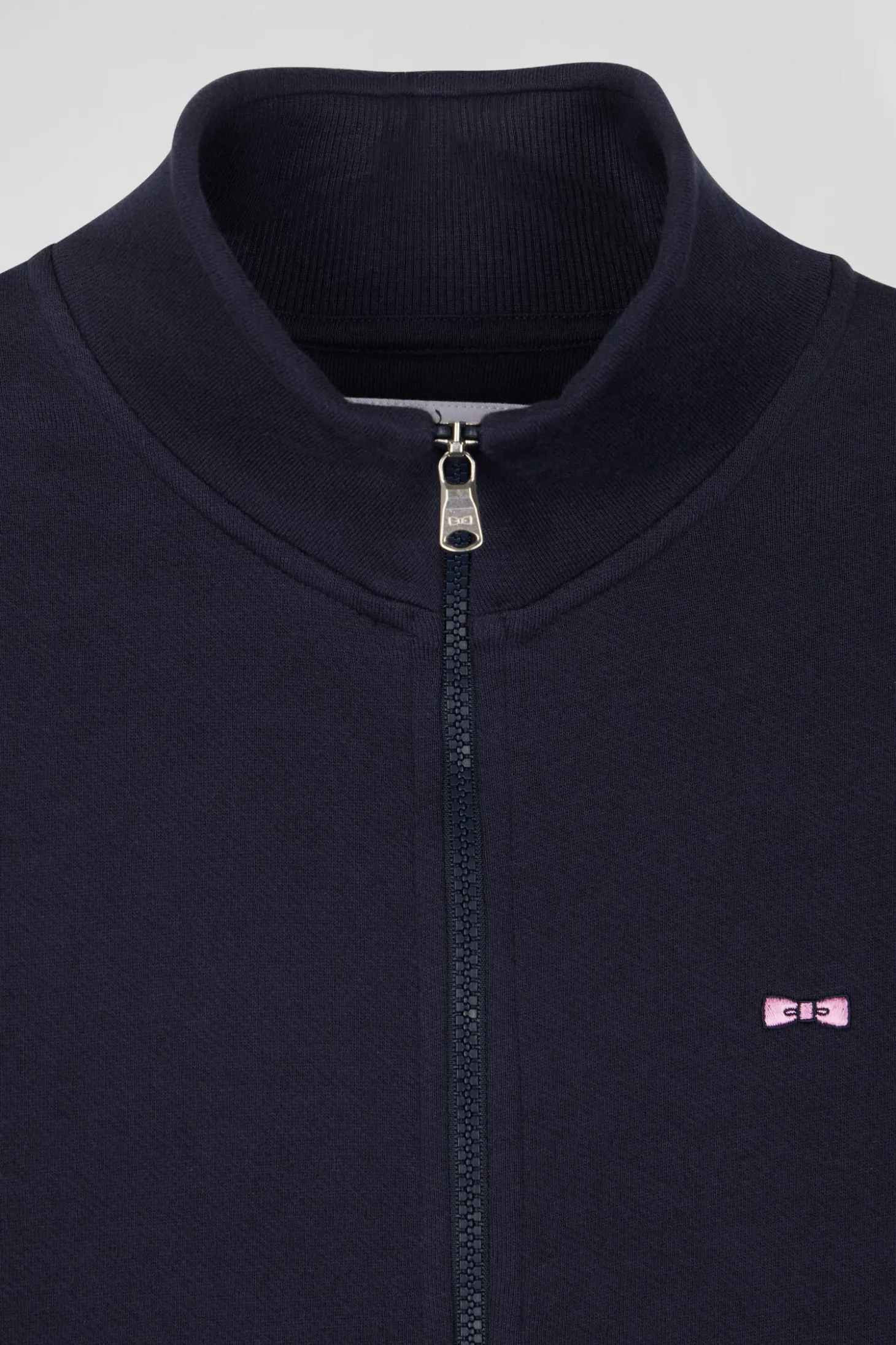 Regular navy zipped brushed cotton fleece with high top collar
