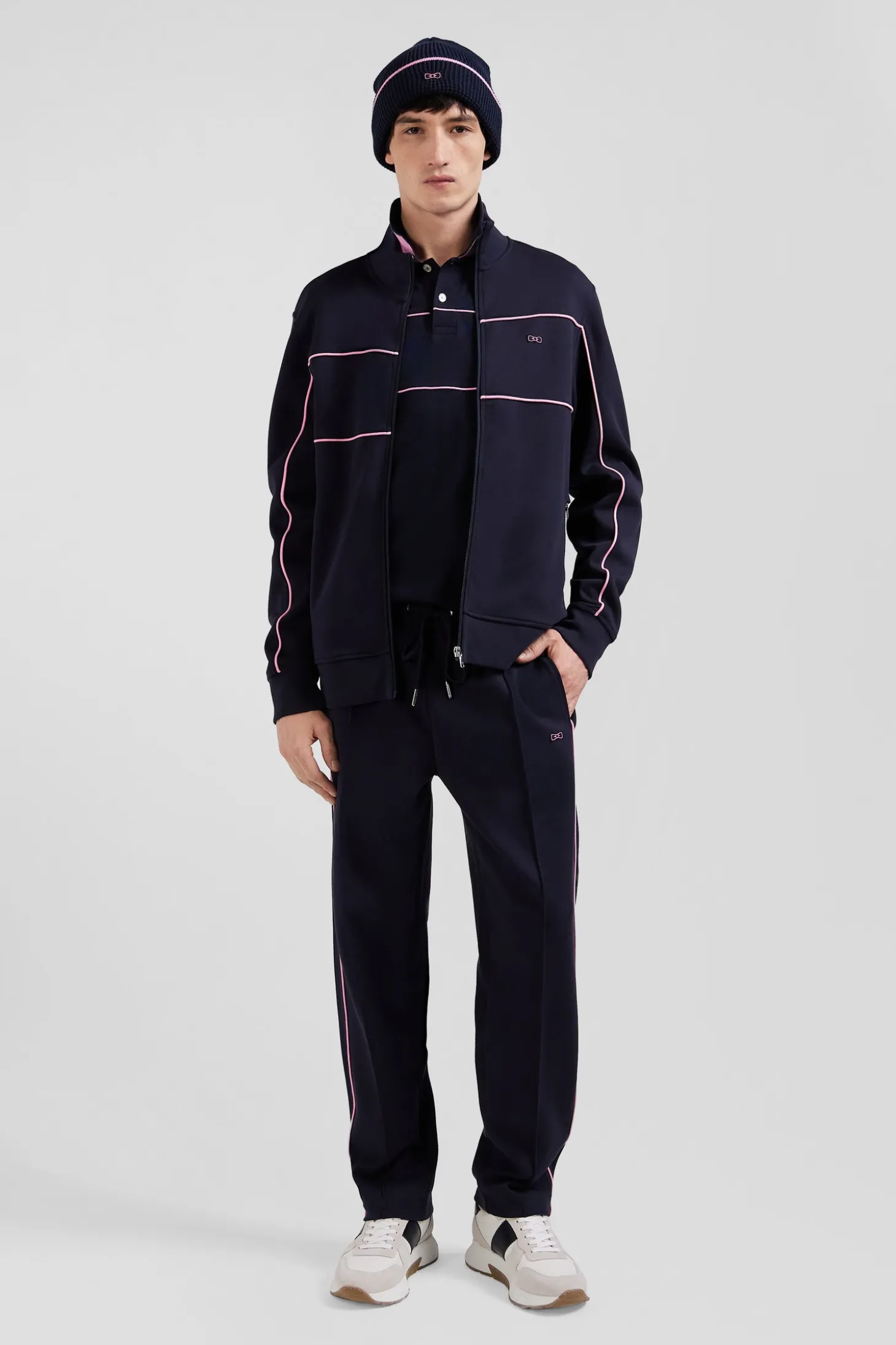 Regular navy zipped high neck sweatshirt with pink piping