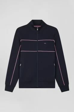 Regular navy zipped high neck sweatshirt with pink piping