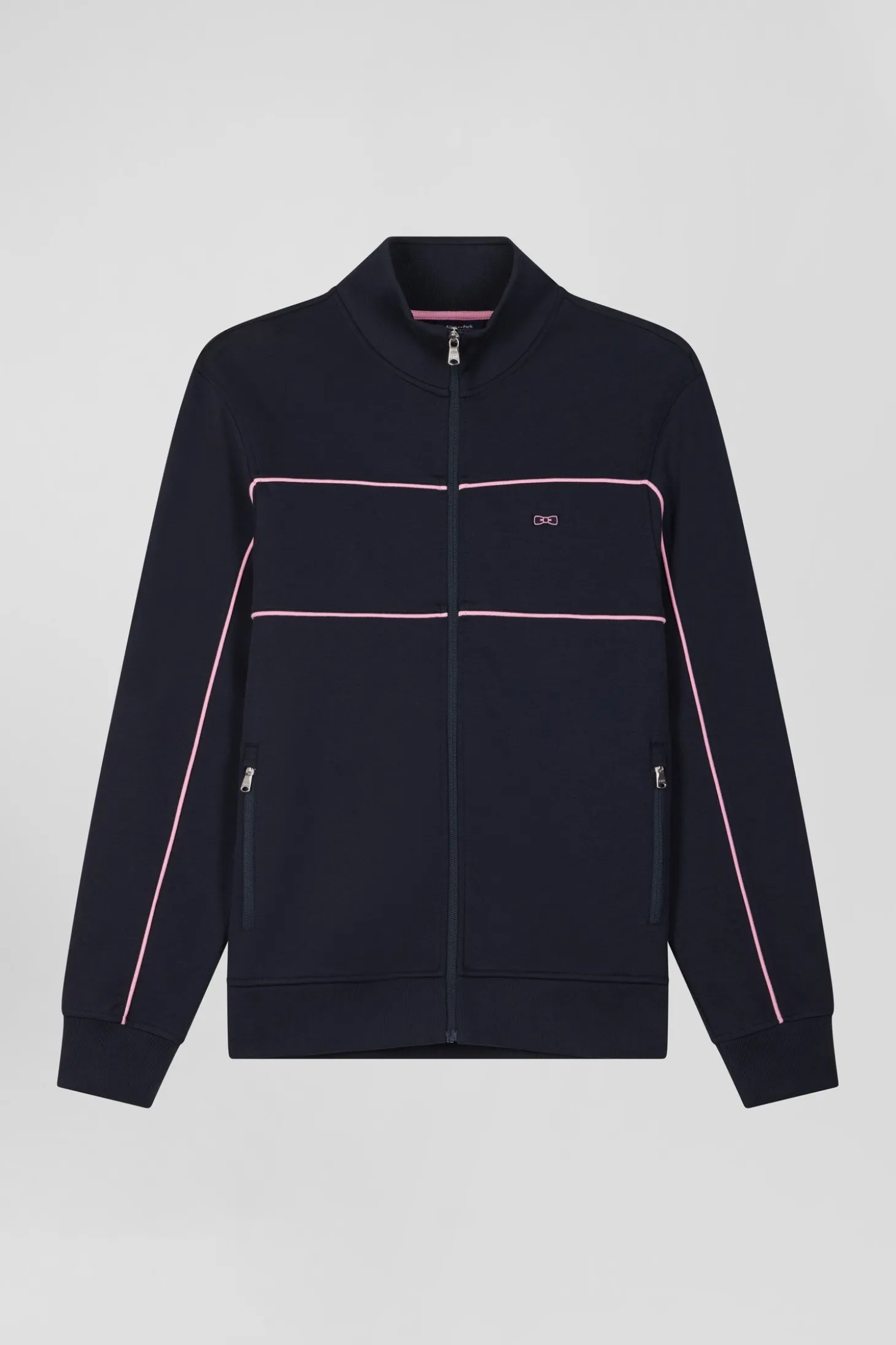 Regular navy zipped high neck sweatshirt with pink piping