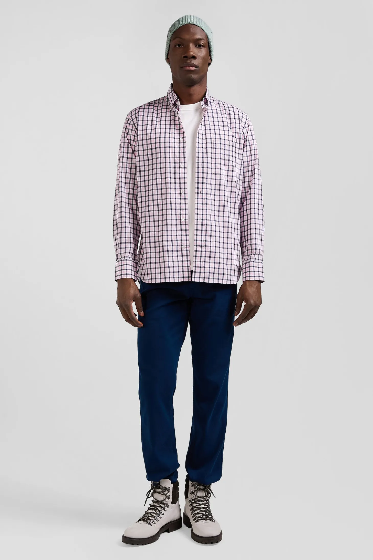 Regular pink and white checked cotton poplin shirt