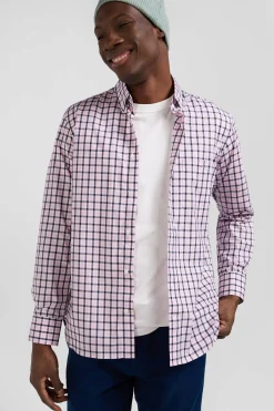 Regular pink and white checked cotton poplin shirt