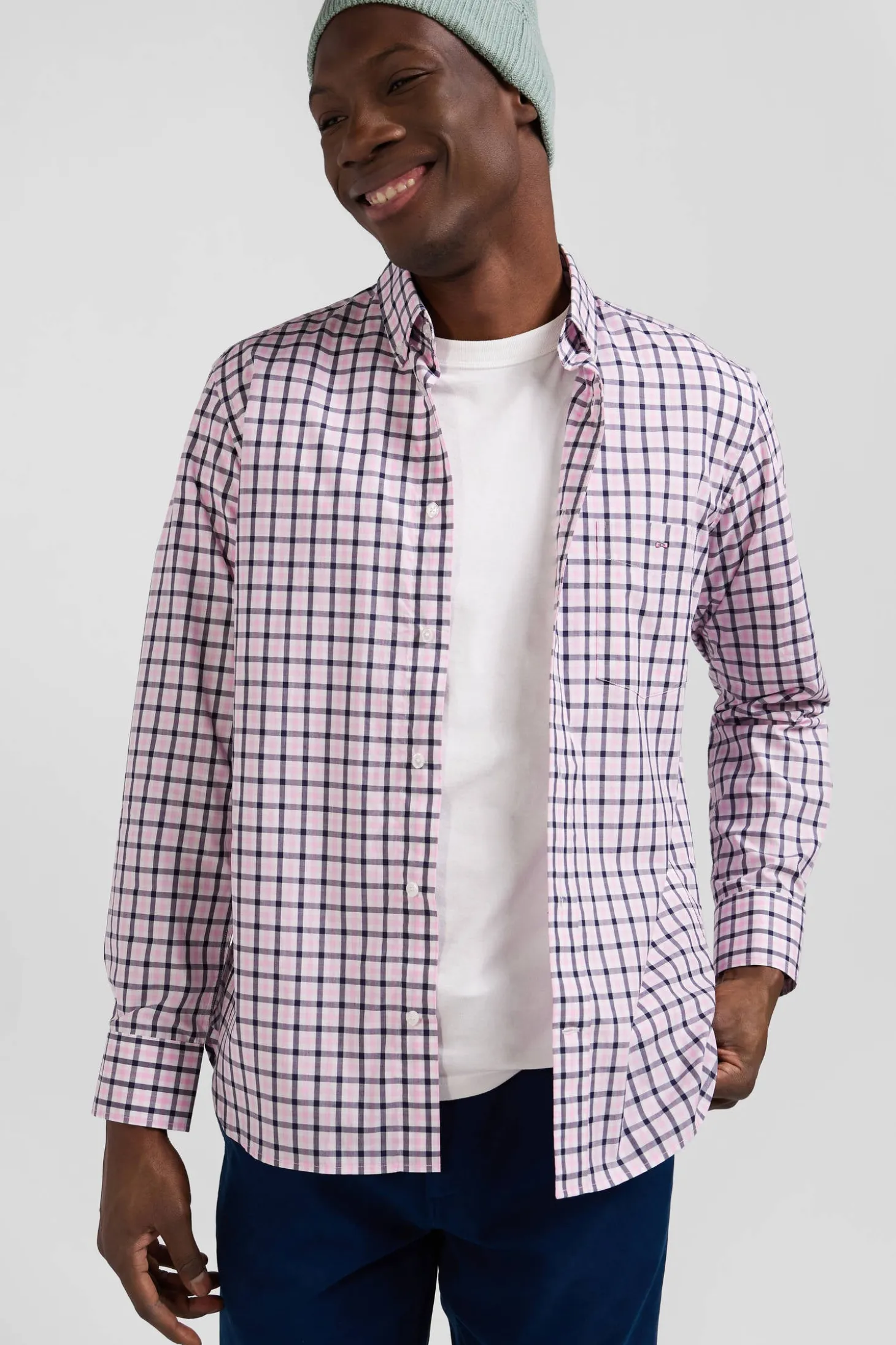 Regular pink and white checked cotton poplin shirt