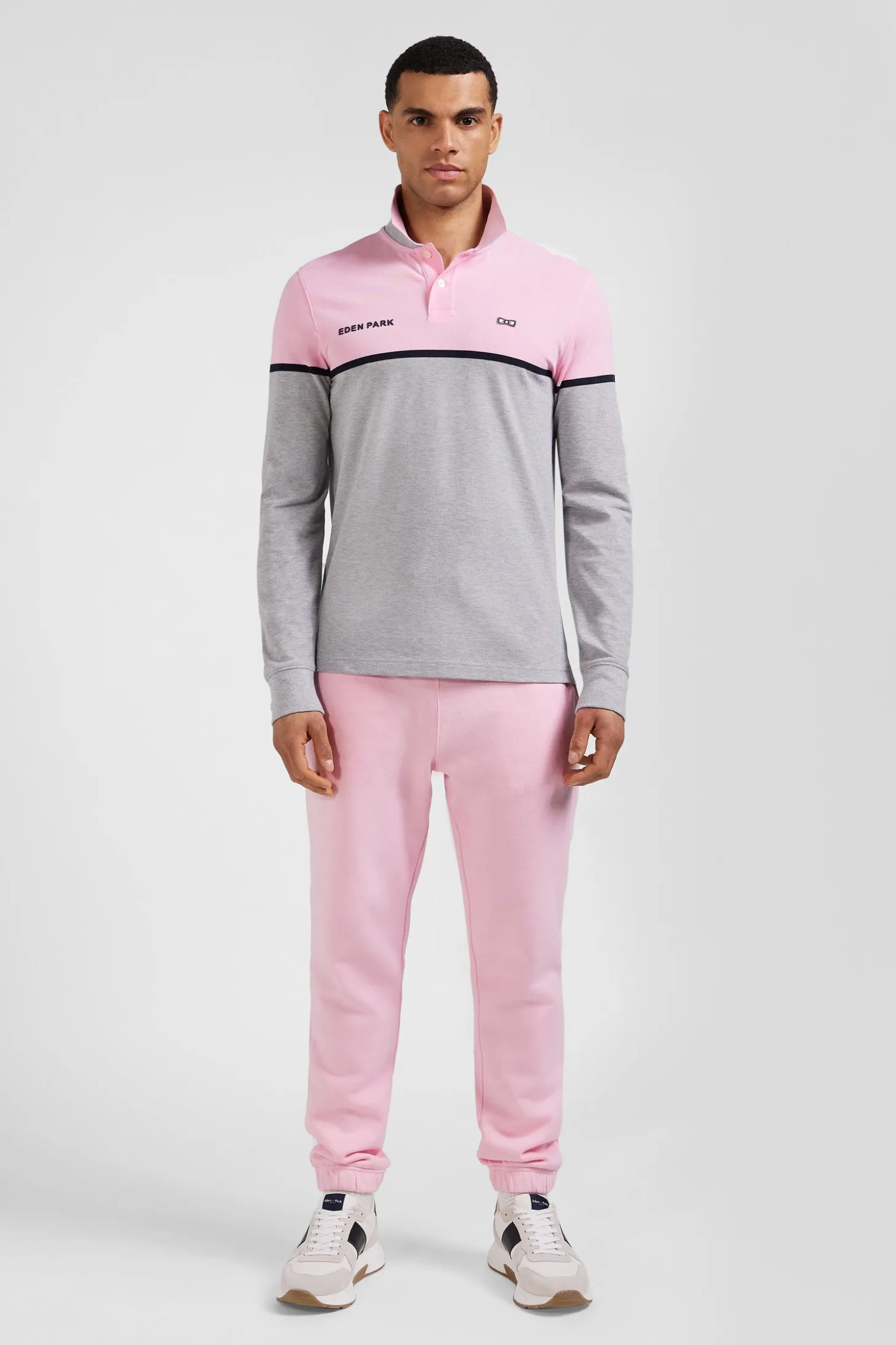Regular pink bicolor long-sleeved cotton piqué polo shirt