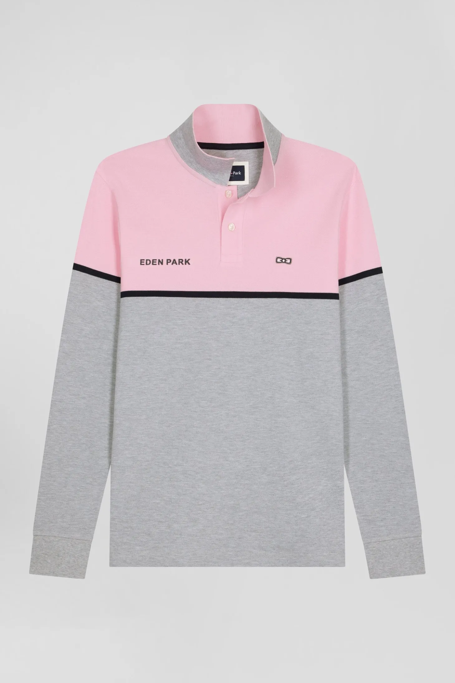 Regular pink bicolor long-sleeved cotton piqué polo shirt