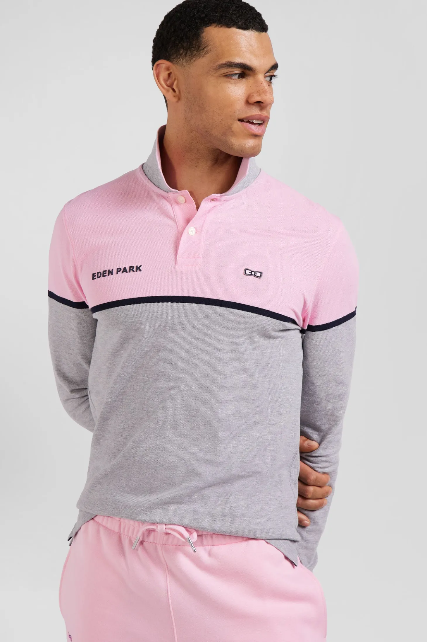 Regular pink bicolor long-sleeved cotton piqué polo shirt