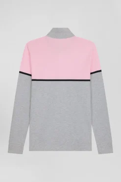 Regular pink bicolor long-sleeved cotton piqué polo shirt
