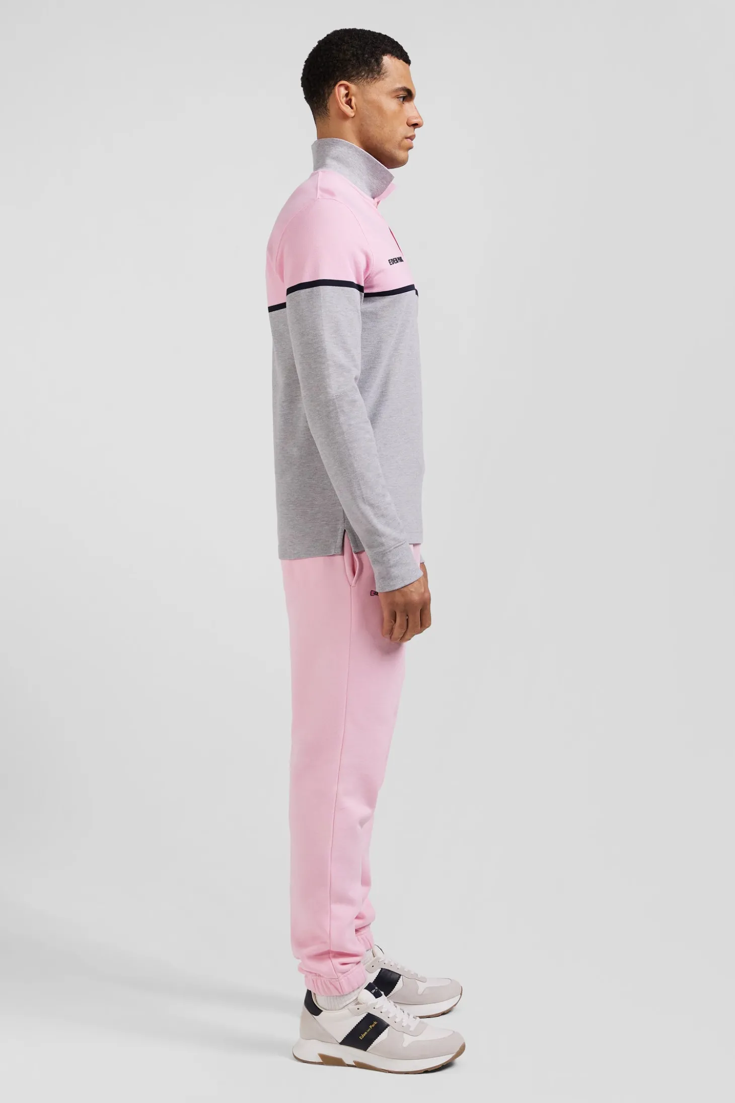 Regular pink bicolor long-sleeved cotton piqué polo shirt