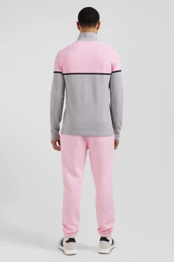 Regular pink bicolor long-sleeved cotton piqué polo shirt