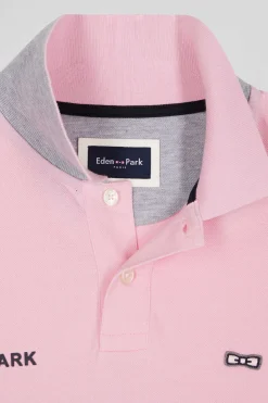 Regular pink bicolor long-sleeved cotton piqué polo shirt