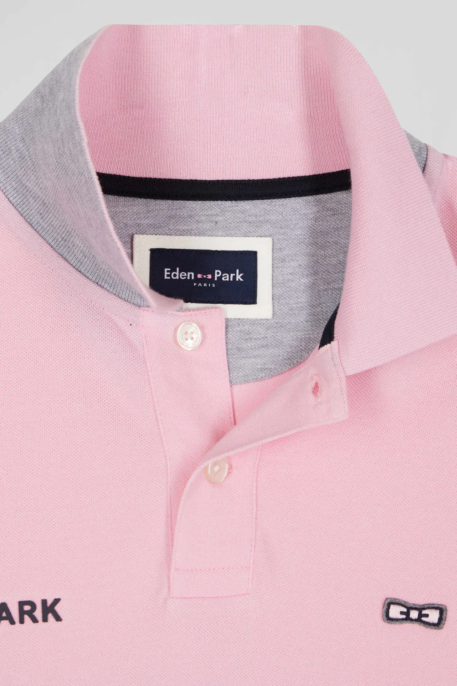 Regular pink bicolor long-sleeved cotton piqué polo shirt