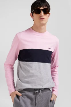 Regular pink colorblock long-sleeved cotton T-shirt