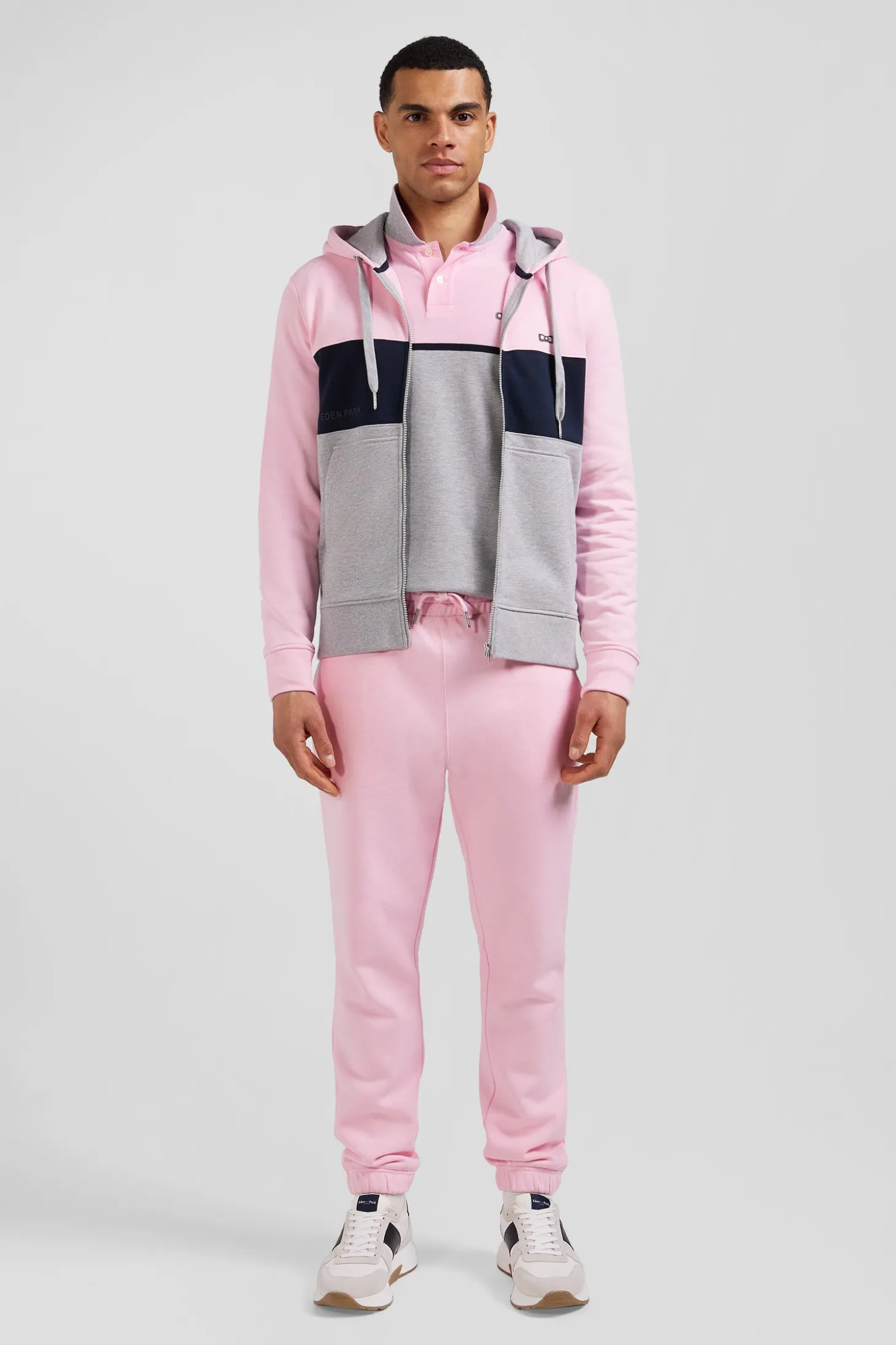 Regular pink colorblock zipped cotton hoodie