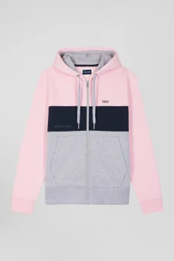 Regular pink colorblock zipped cotton hoodie