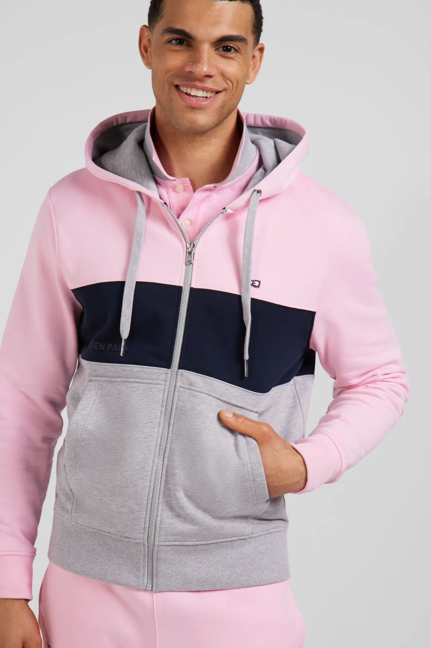 Regular pink colorblock zipped cotton hoodie