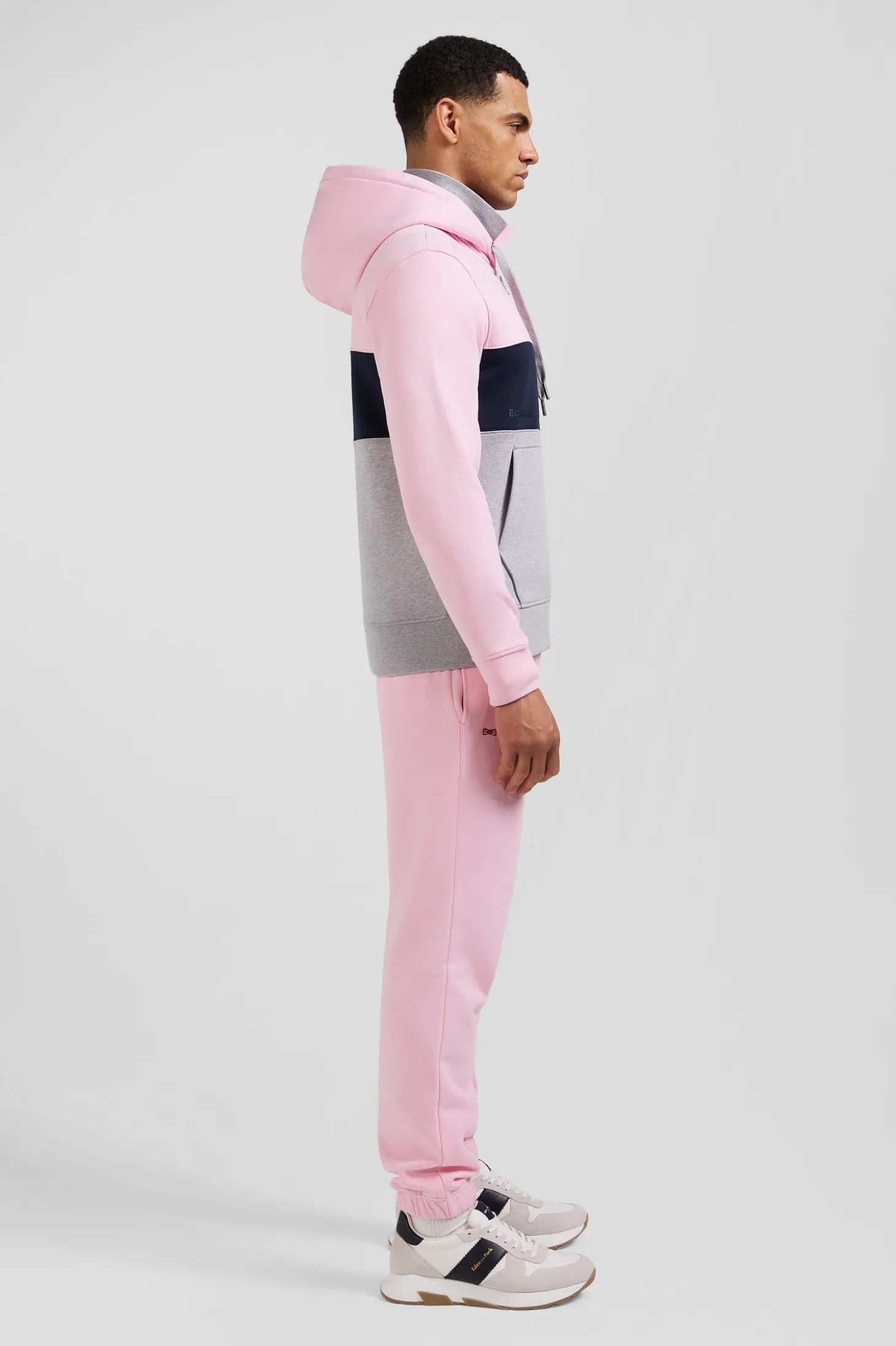 Regular pink colorblock zipped cotton hoodie