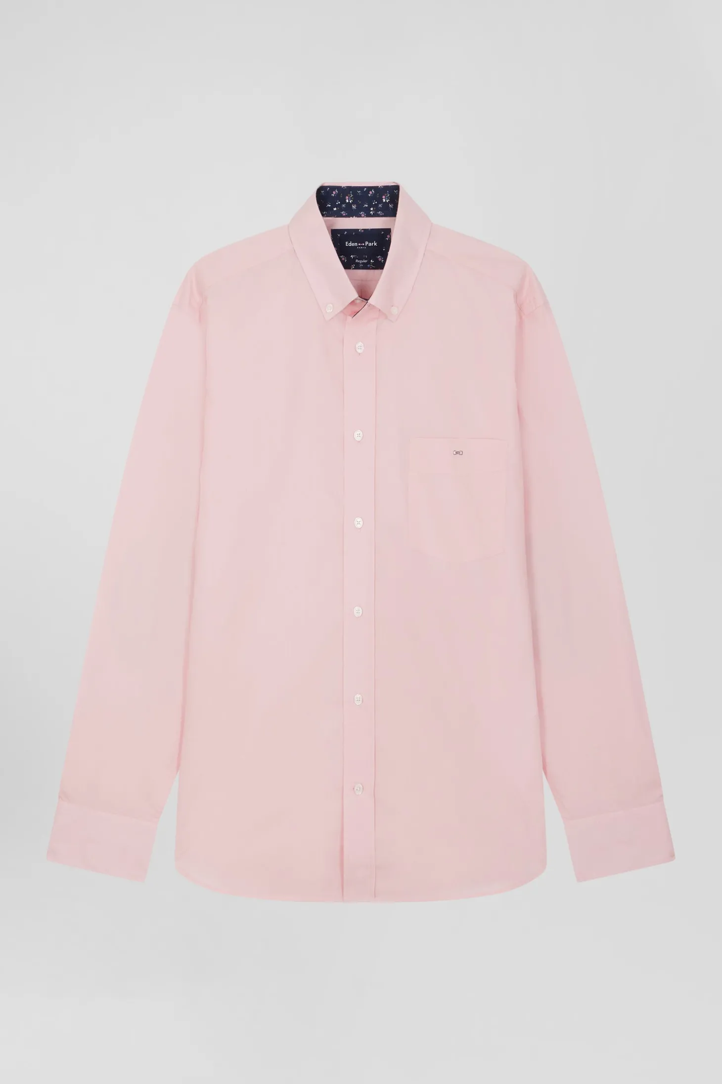 Regular pink cotton poplin shirt with button-down collar and printed elbow patches