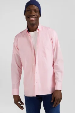 Regular pink cotton poplin shirt with button-down collar and printed elbow patches