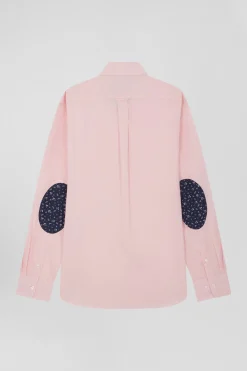 Regular pink cotton poplin shirt with button-down collar and printed elbow patches