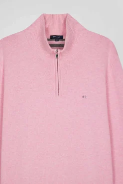 Regular pink semi-zipped wool and cotton jumper