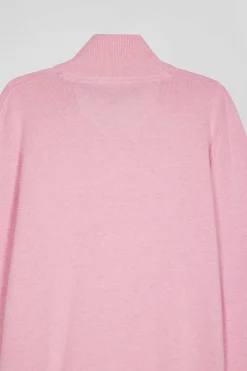 Regular pink semi-zipped wool and cotton jumper