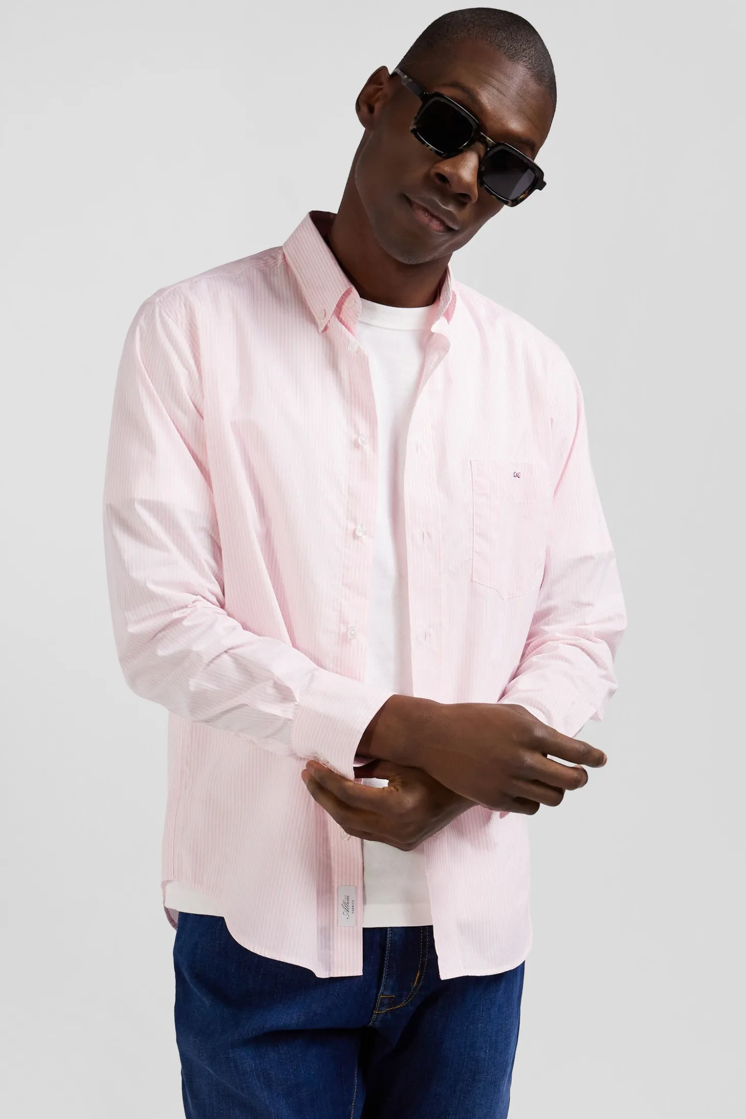 Regular pink striped cotton jacquard shirt