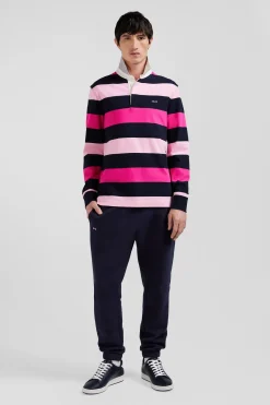 Regular pink striped long-sleeved cotton rugby shirt