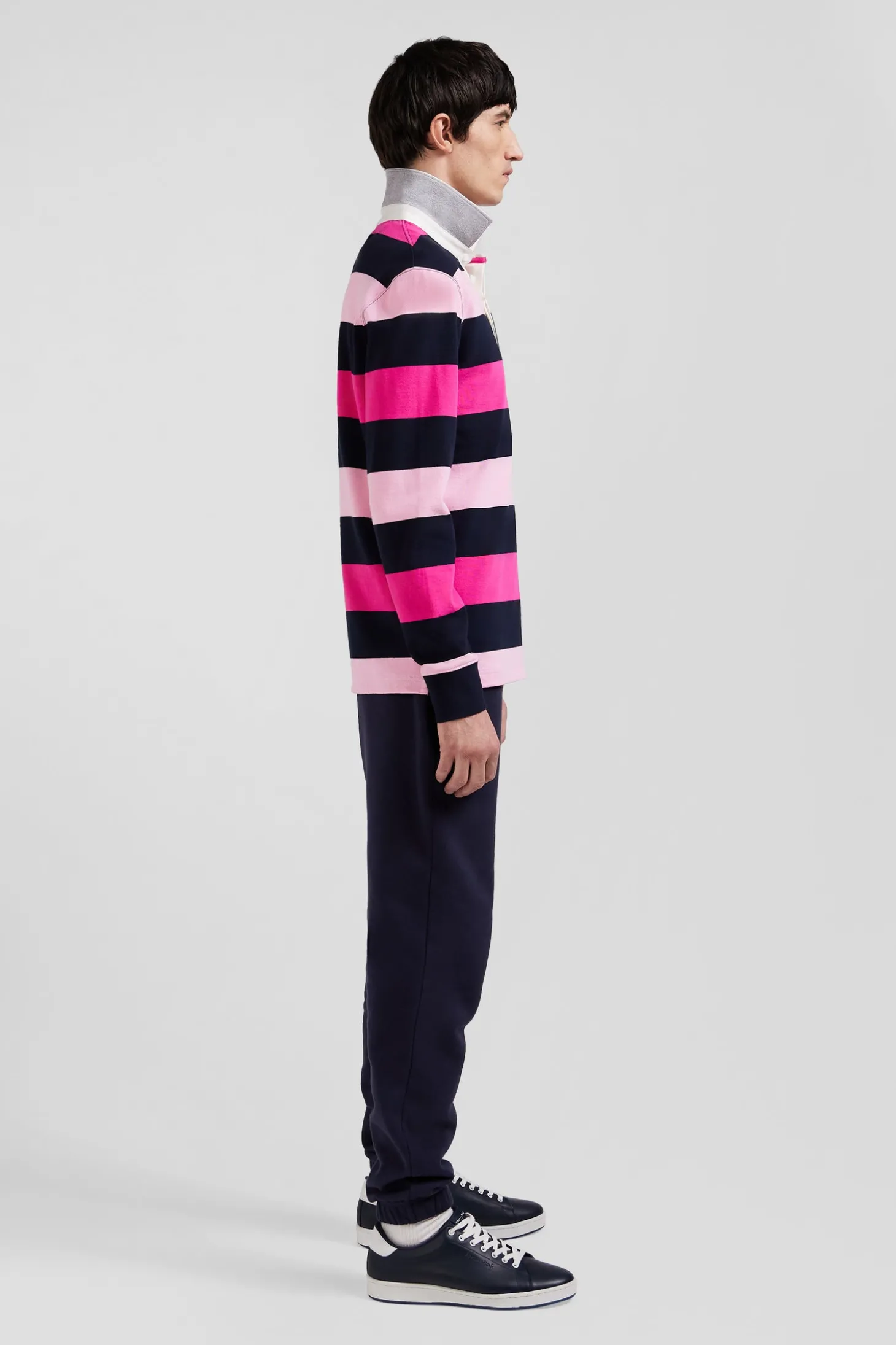 Regular pink striped long-sleeved cotton rugby shirt