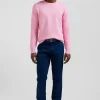 Regular pink wool and cotton crew neck jumper with micro bow tie effect