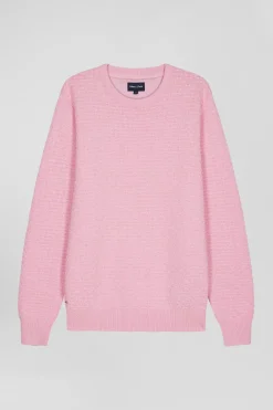 Regular pink wool and cotton crew neck jumper with micro bow tie effect