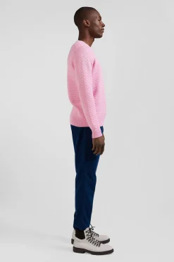 Regular pink wool and cotton crew neck jumper with micro bow tie effect