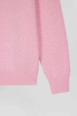 Regular pink wool and cotton crew neck jumper with micro bow tie effect